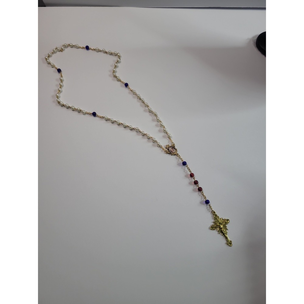 Gold Tone Virgin Mary Rosary Necklace White Beads Red Blue Accents Cross